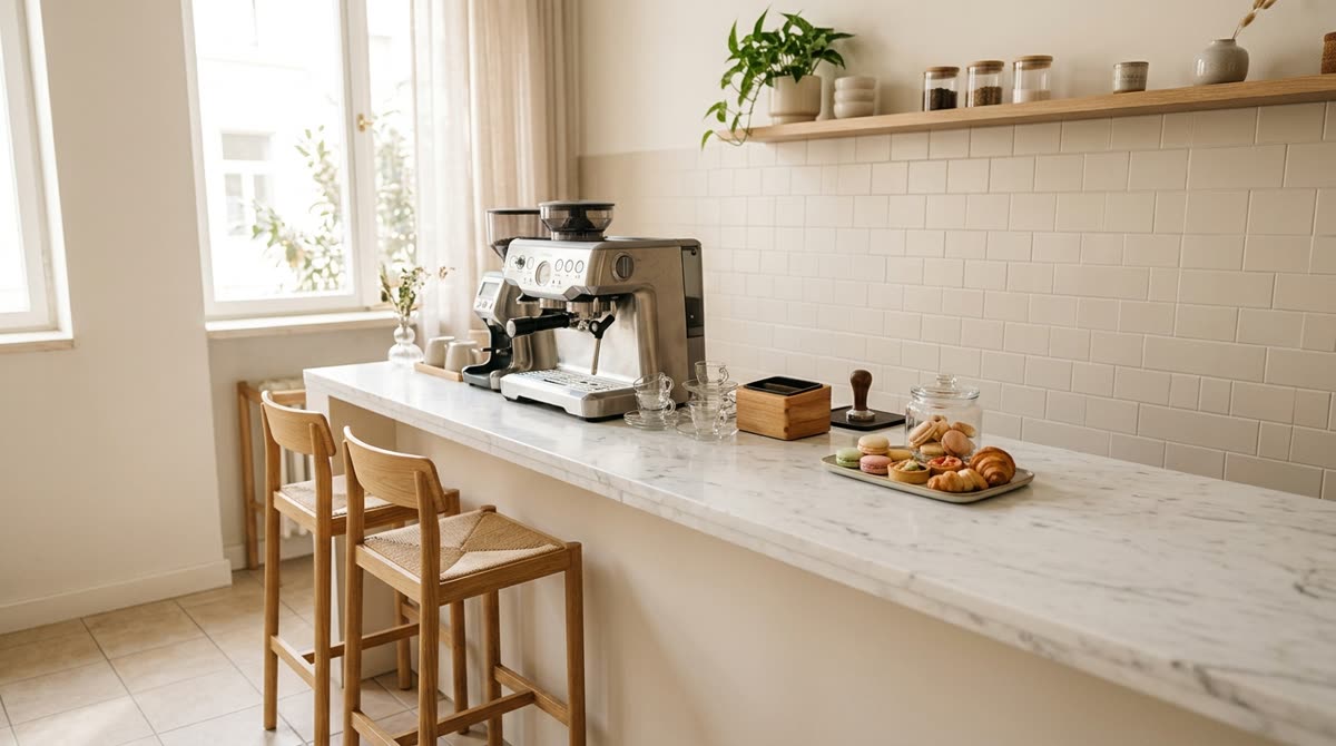 Wide view of a small dessert cafe counter with an espresso machine and stools in daylight.
