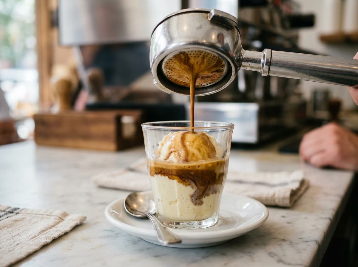 Close view of espresso pouring over a scoop of pale gelato in a small glass.