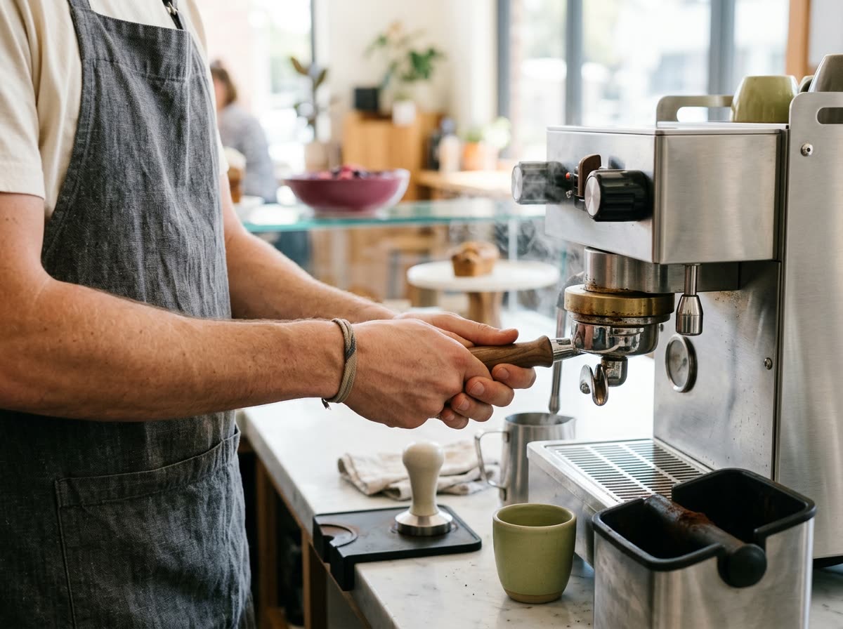 A barista locks a portafilter into the machine, hands and apron visible.