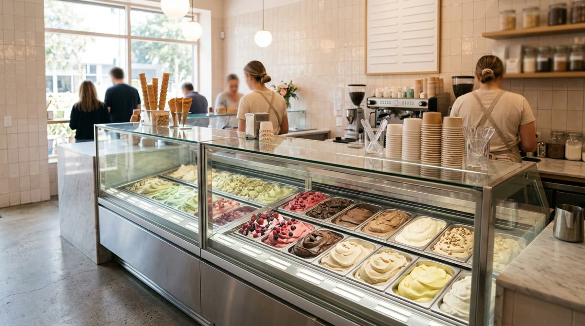 Wide view of a gelato case with rows of pastel-colored pans inside a bright shop.