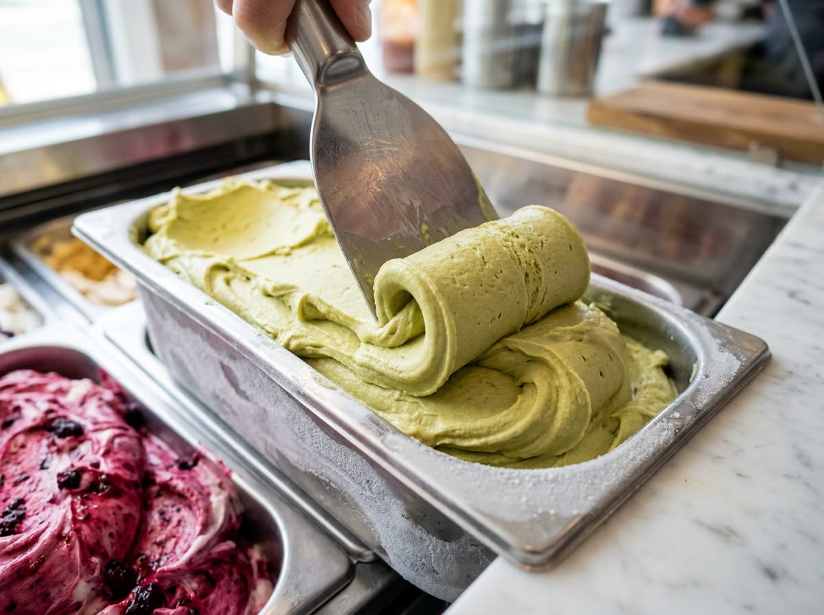 Close view of a metal spade folding thick green gelato in a stainless pan.