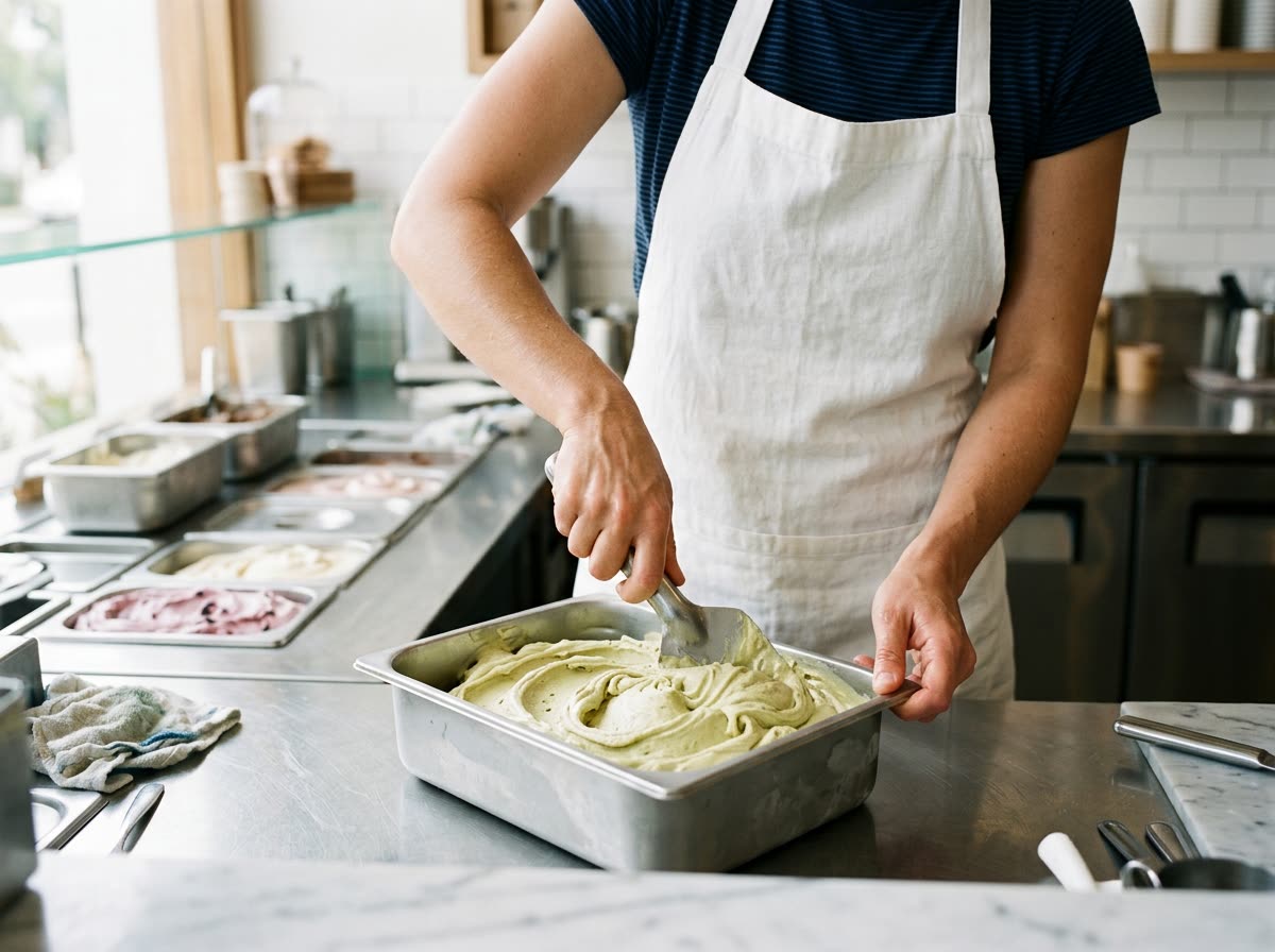 A worker in an apron spades gelato from a pan with the face out of frame.