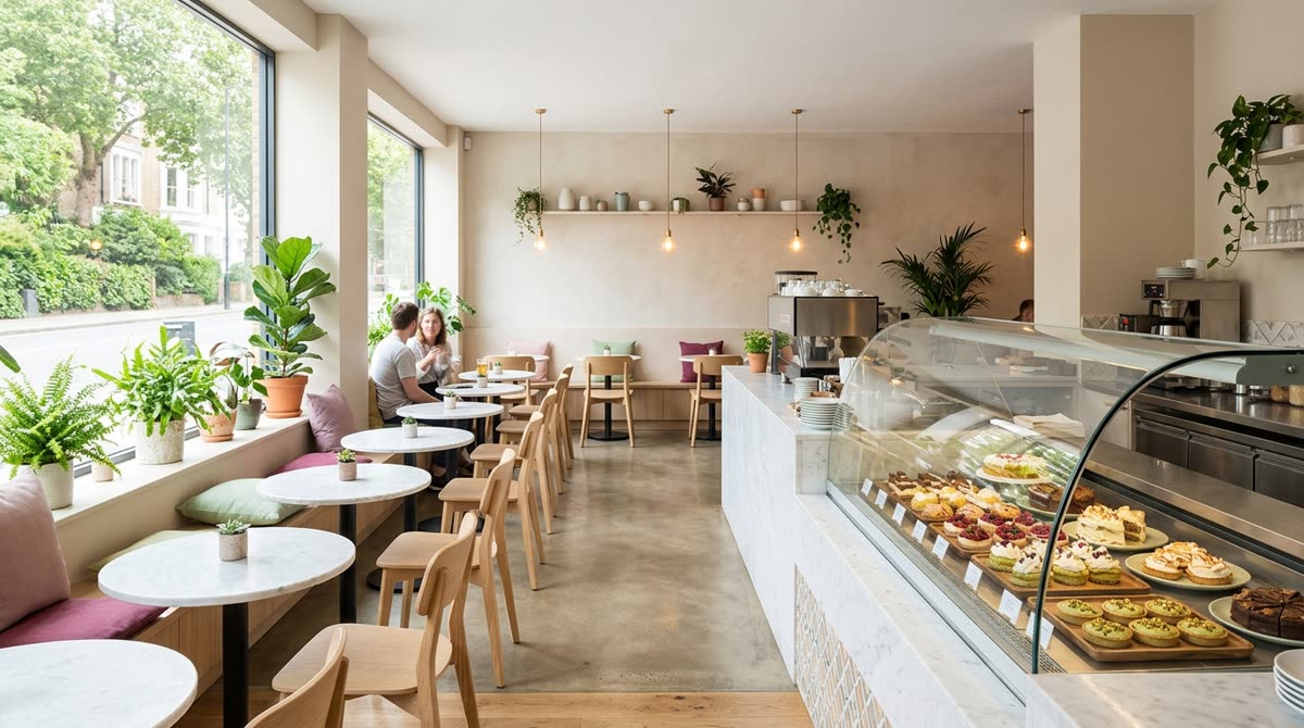 Wide view of a bright dessert cafe with a counter, pastry case and small tables.