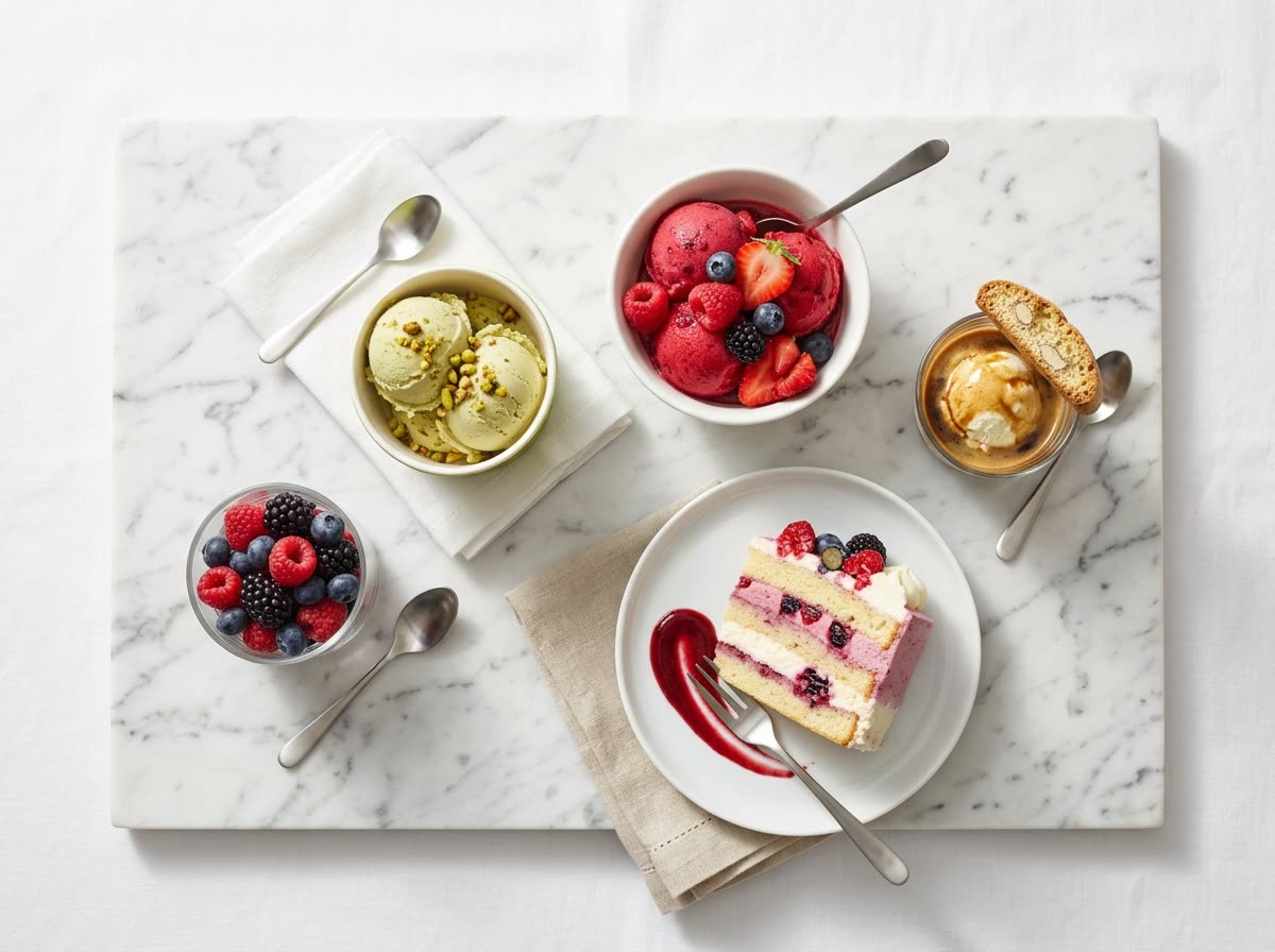 Overhead view of gelato, sorbetto, an affogato glass and a cake slice on marble.