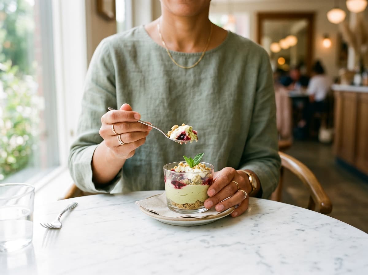 A person lifts a spoonful of dessert at a cafe table with the face cropped out.