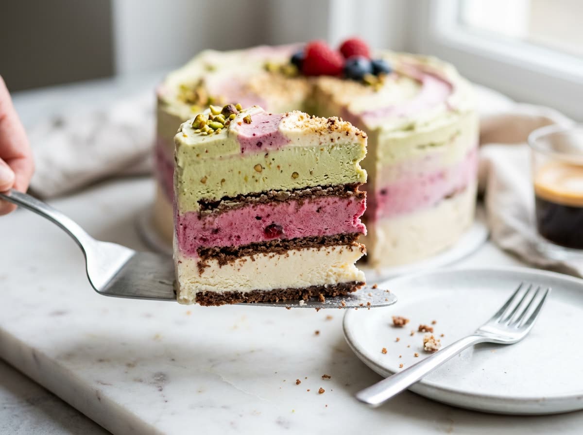Close view of a cake slice showing bands of colored gelato between thin layers.