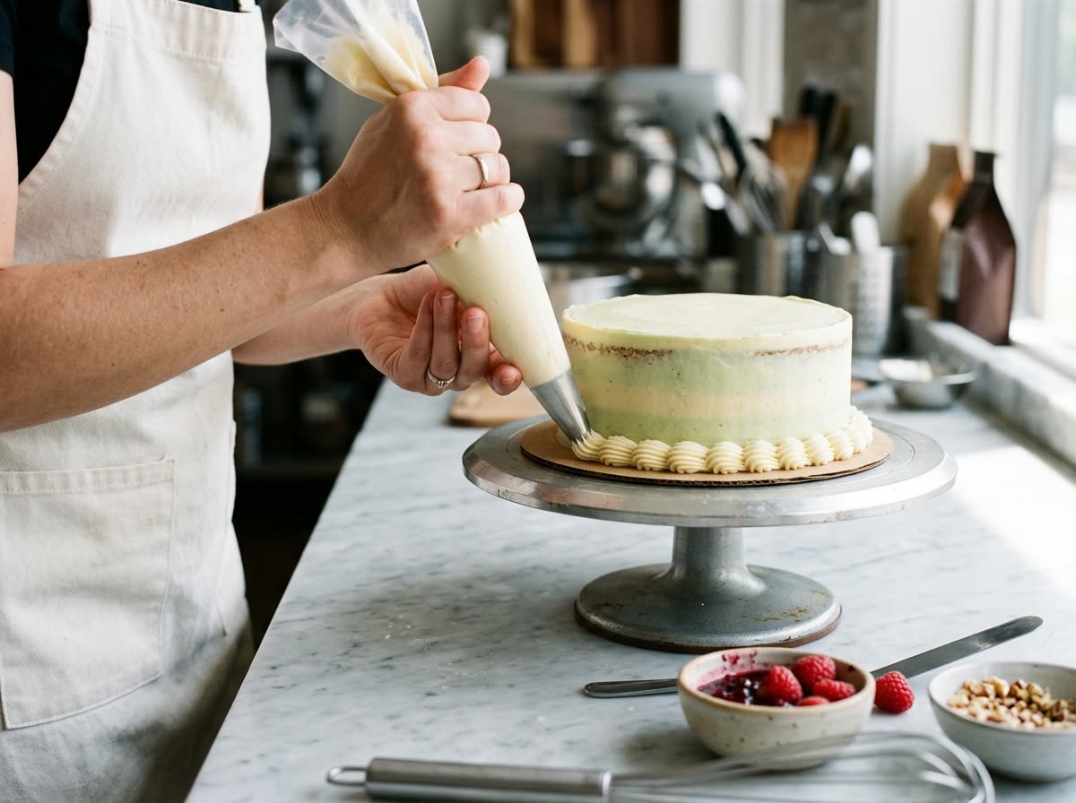 A decorator pipes a cream border onto a chilled cake, hands only.