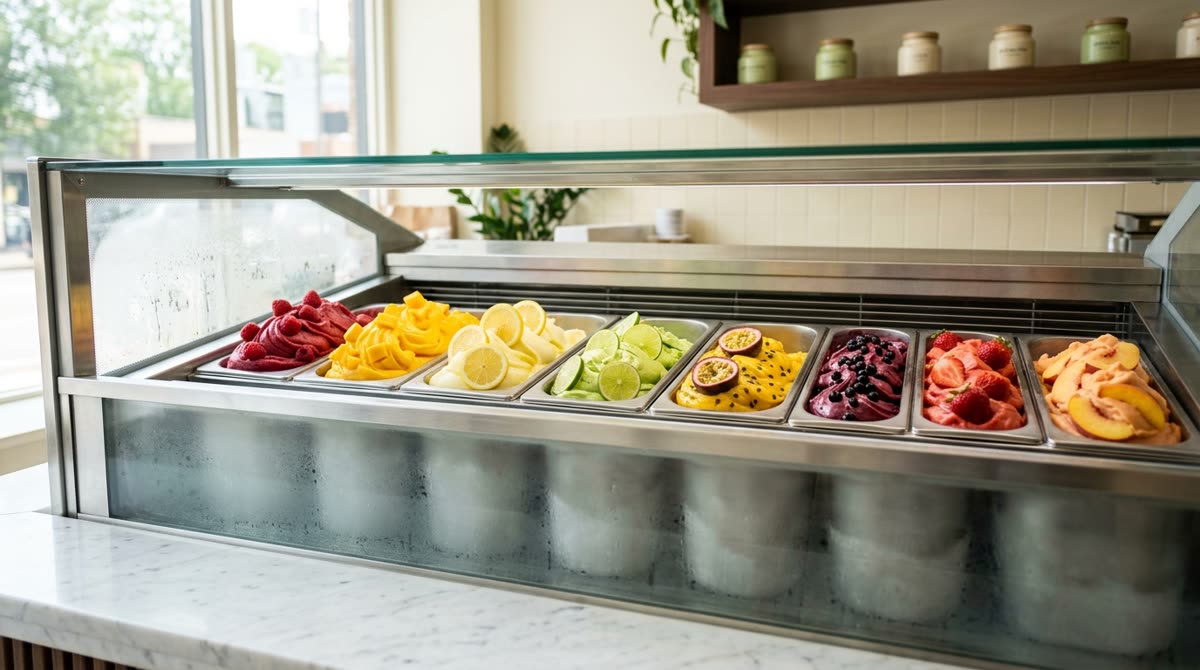 Wide view of a display case of brightly colored fruit sorbetto pans in a bright shop.