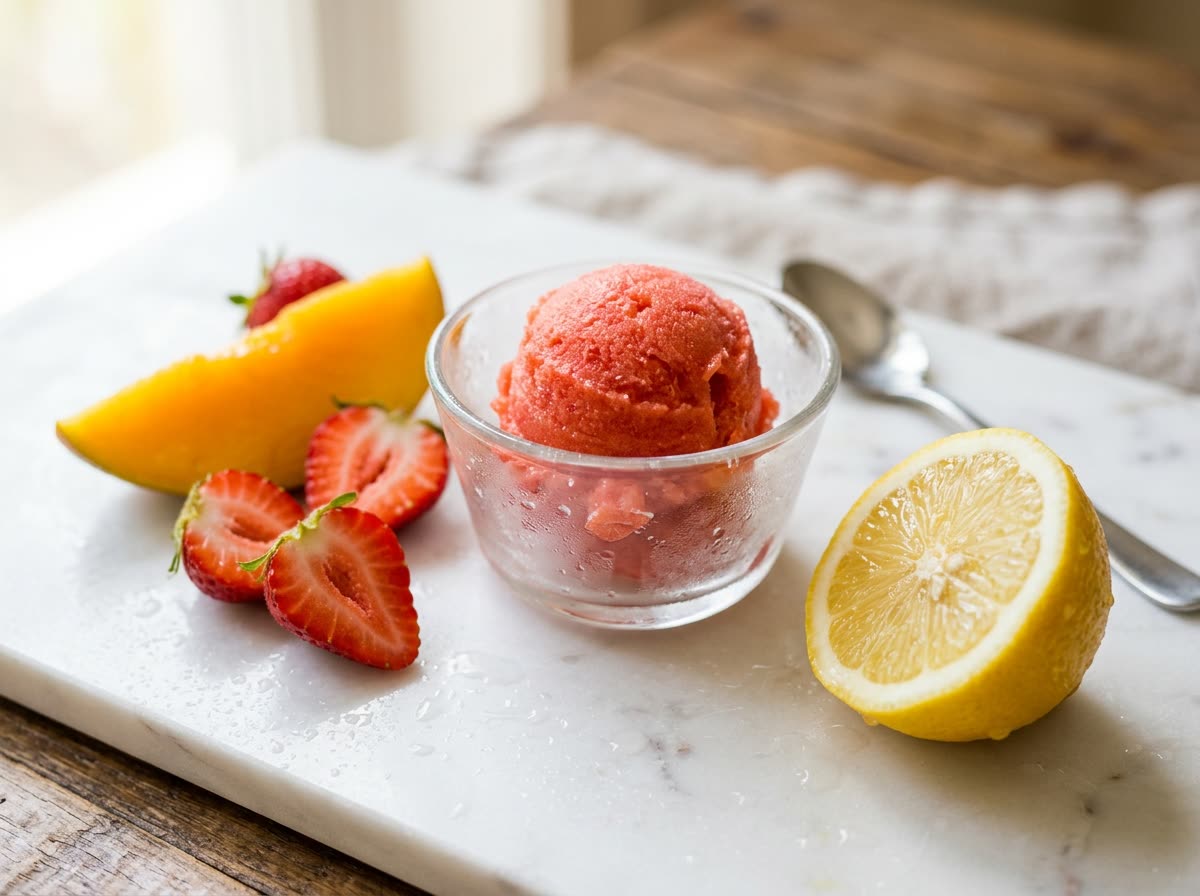 Close view of halved strawberries, mango and lemon beside a scoop of matching sorbetto.