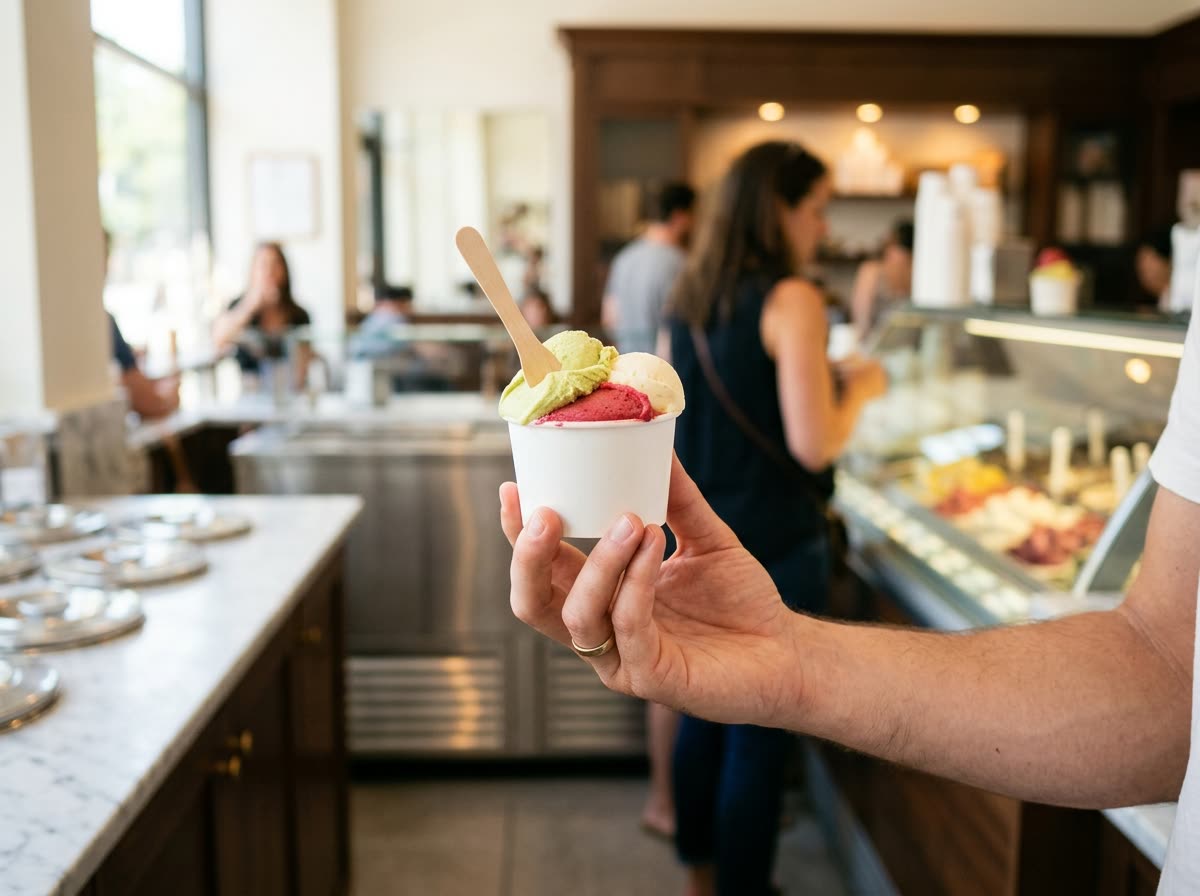 A hand holds up a cup of brightly colored sorbetto with a small spoon.