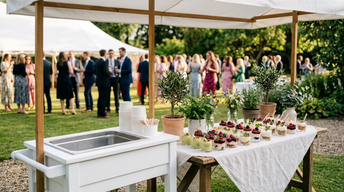Wide view of a small white dessert cart under a canopy at an outdoor event.
