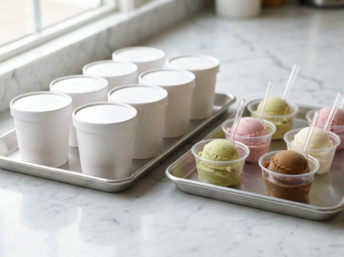 Close view of plain pint tubs and small dessert cups with spoons in a chilled tray.