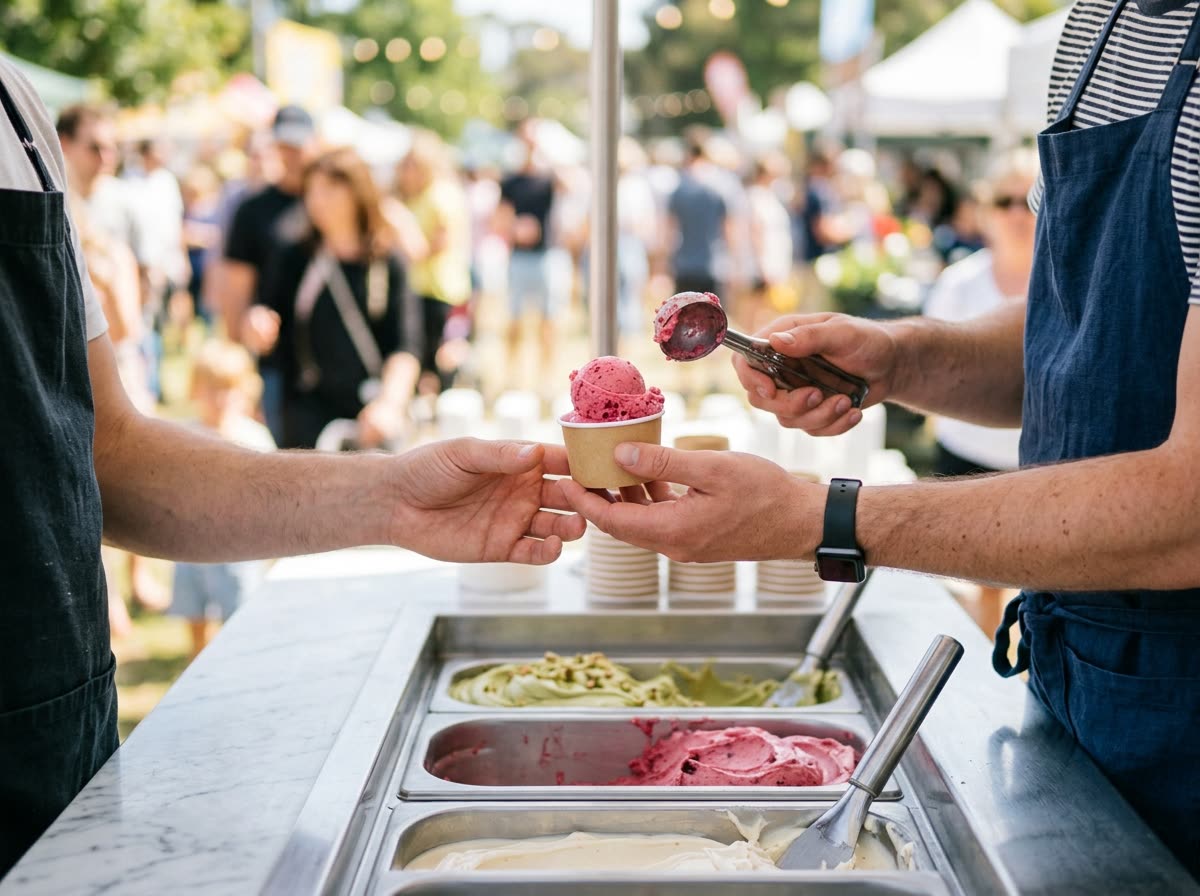 A server scoops gelato into a cup and hands it across the cart, faces out of frame.